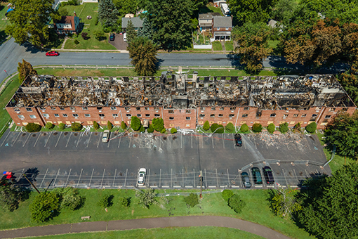 Overhead view of the Ashwood Apartments Fire, Pottstown, PA
